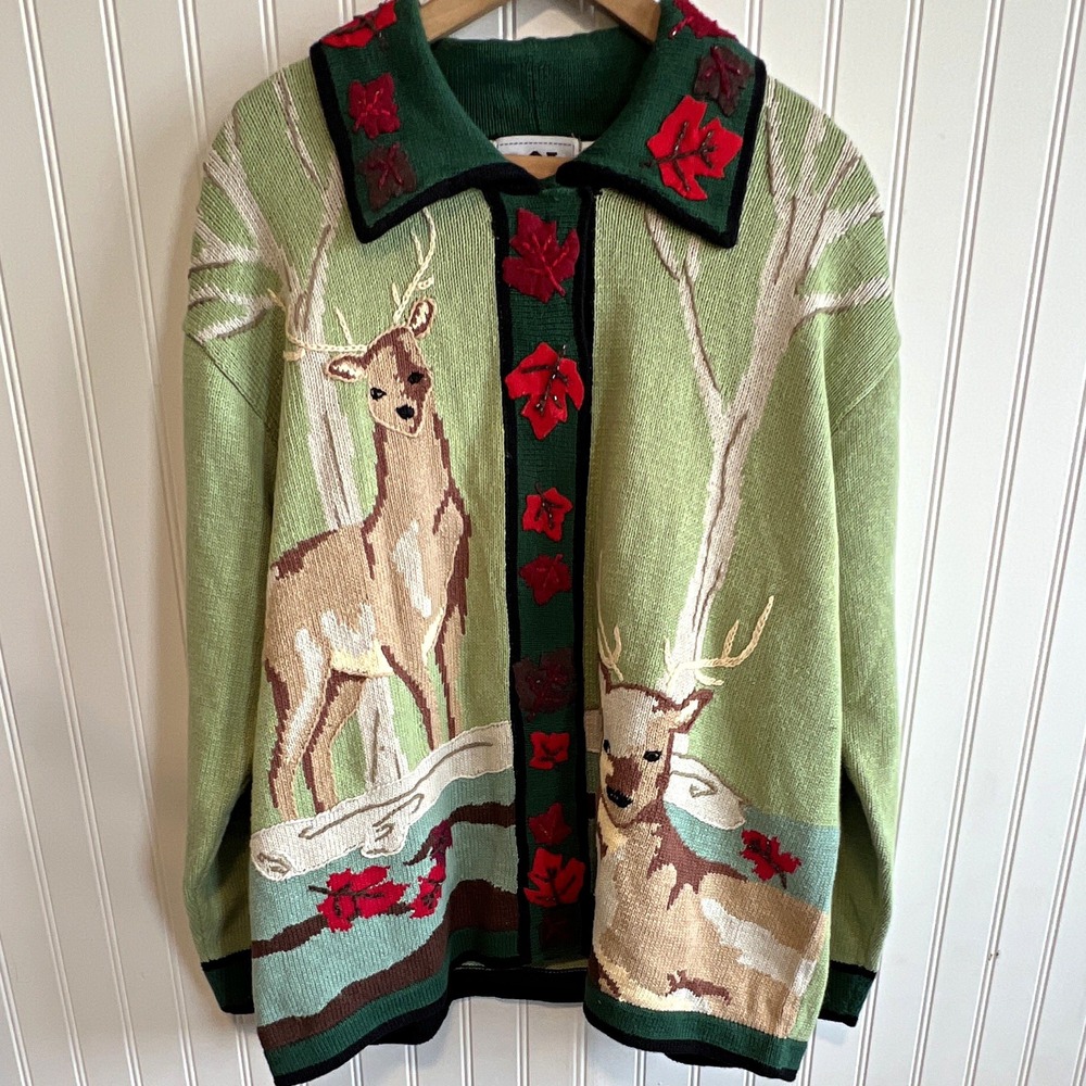 Storybook Knits Green embroidered Deer Collared Cardigan Sweater 1X Grandmacore